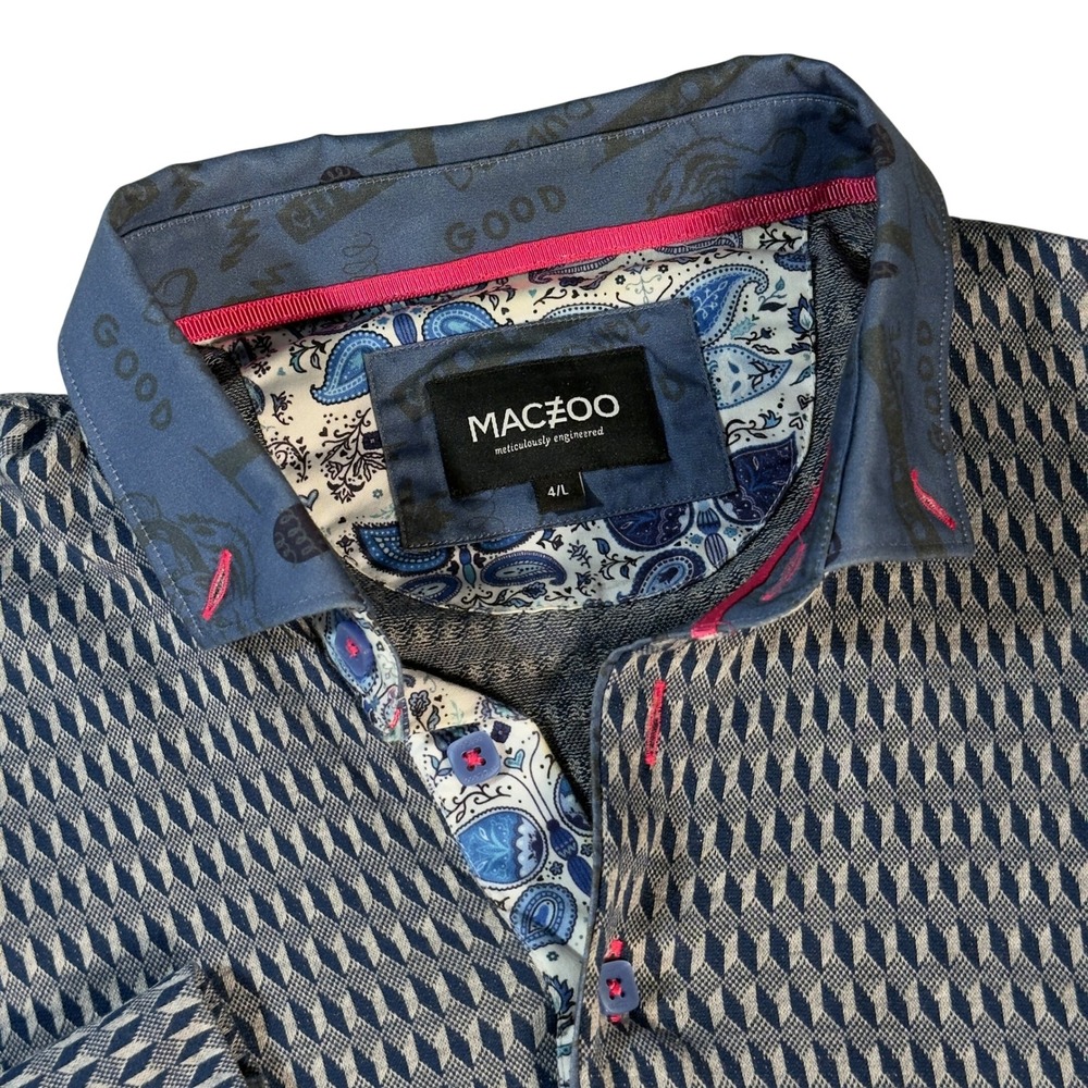 Maceoo Polo Shirt Mens 4/L Blue Excellent Geometric Paisley Long Sleeve Turkish